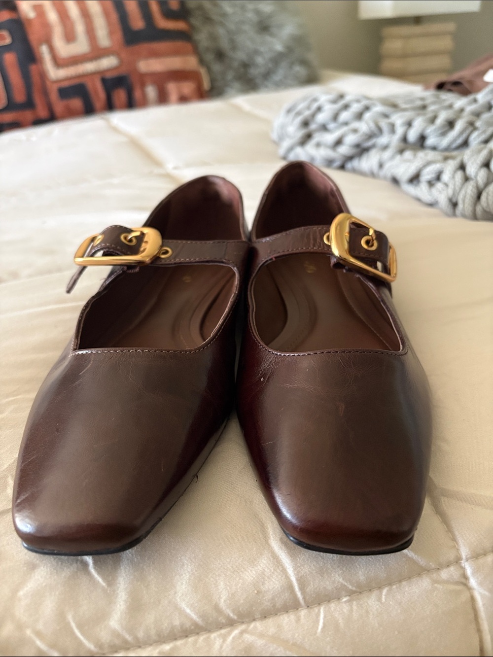 Classic Mary Jane Flats in Dark Brown with Gold Buckle - Picture 4 of 7